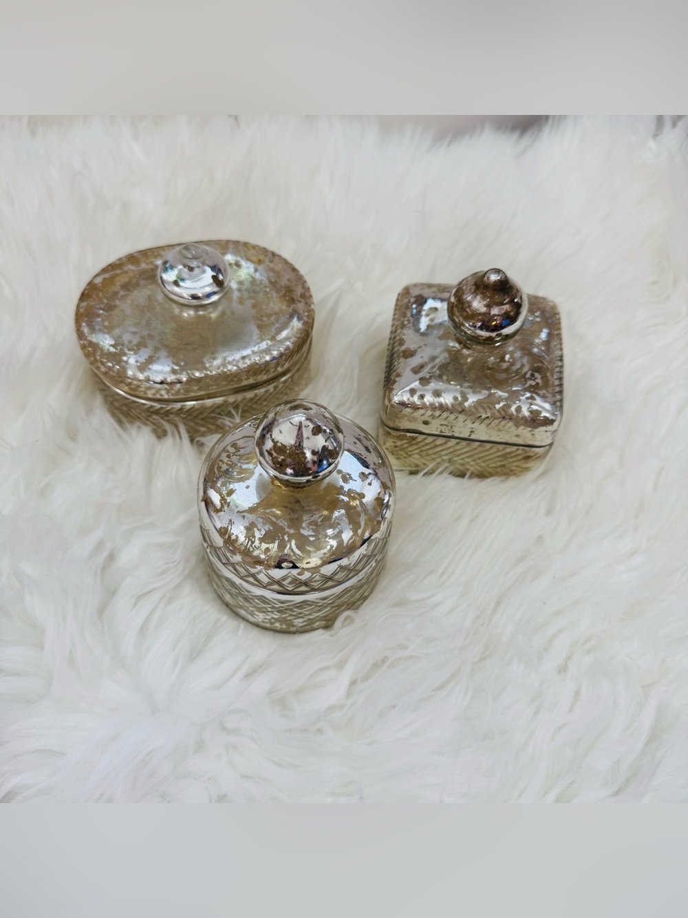 Set of 3 Anthropologie Mercury Glass Apothecary Canister Jars w/ Lids Vintage St